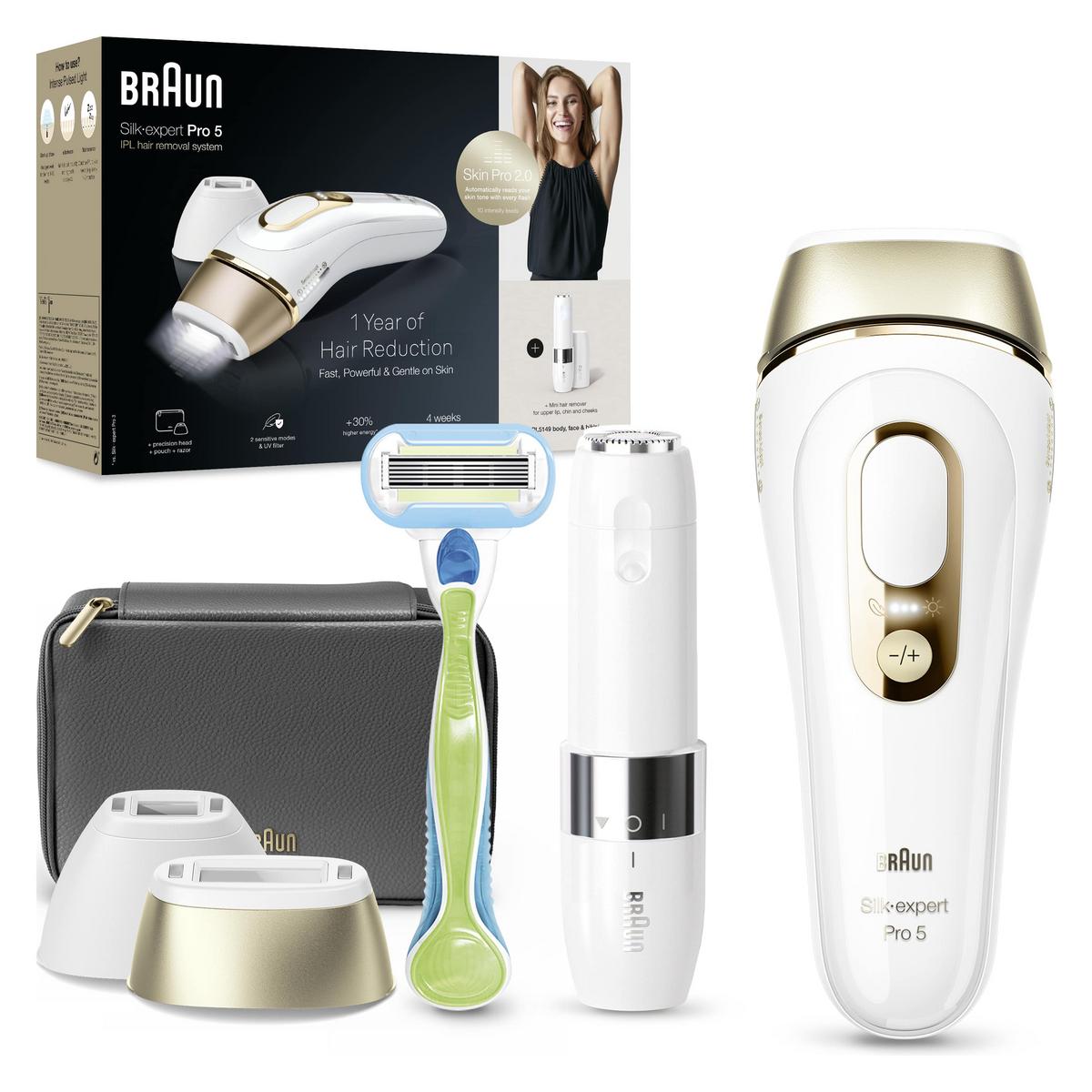 BRAUN Silk Expert Pro 5 PL5146 400.000 Atımlı Yeni Nesil Kablolu IPL Lazer Ep. Cihazı + FS1000 Mini Tüy Alıcı Gold