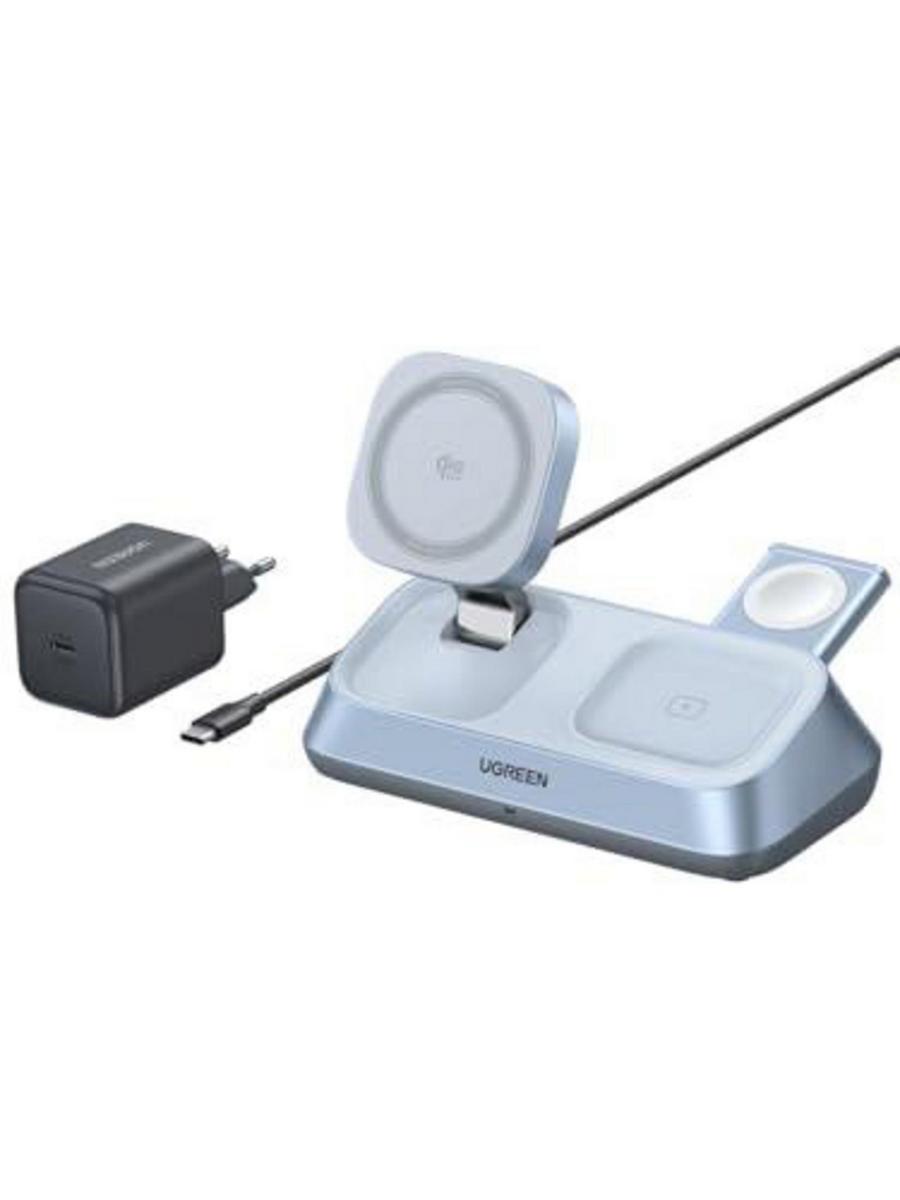 UGREEN 55677 MagFlow 3'ü 1 Arada Qi2 25W MagSafe Manyetik Kablosuz Şarj Standı Gri