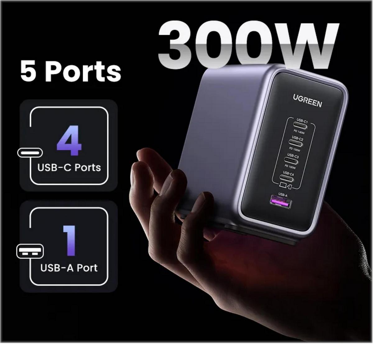UGREEN 90903B Nexode 300W GaN 5 Portlu 4xUSB-C 1xUSB-A Hızlı Şarj İstasyonu Gri - görsel 2