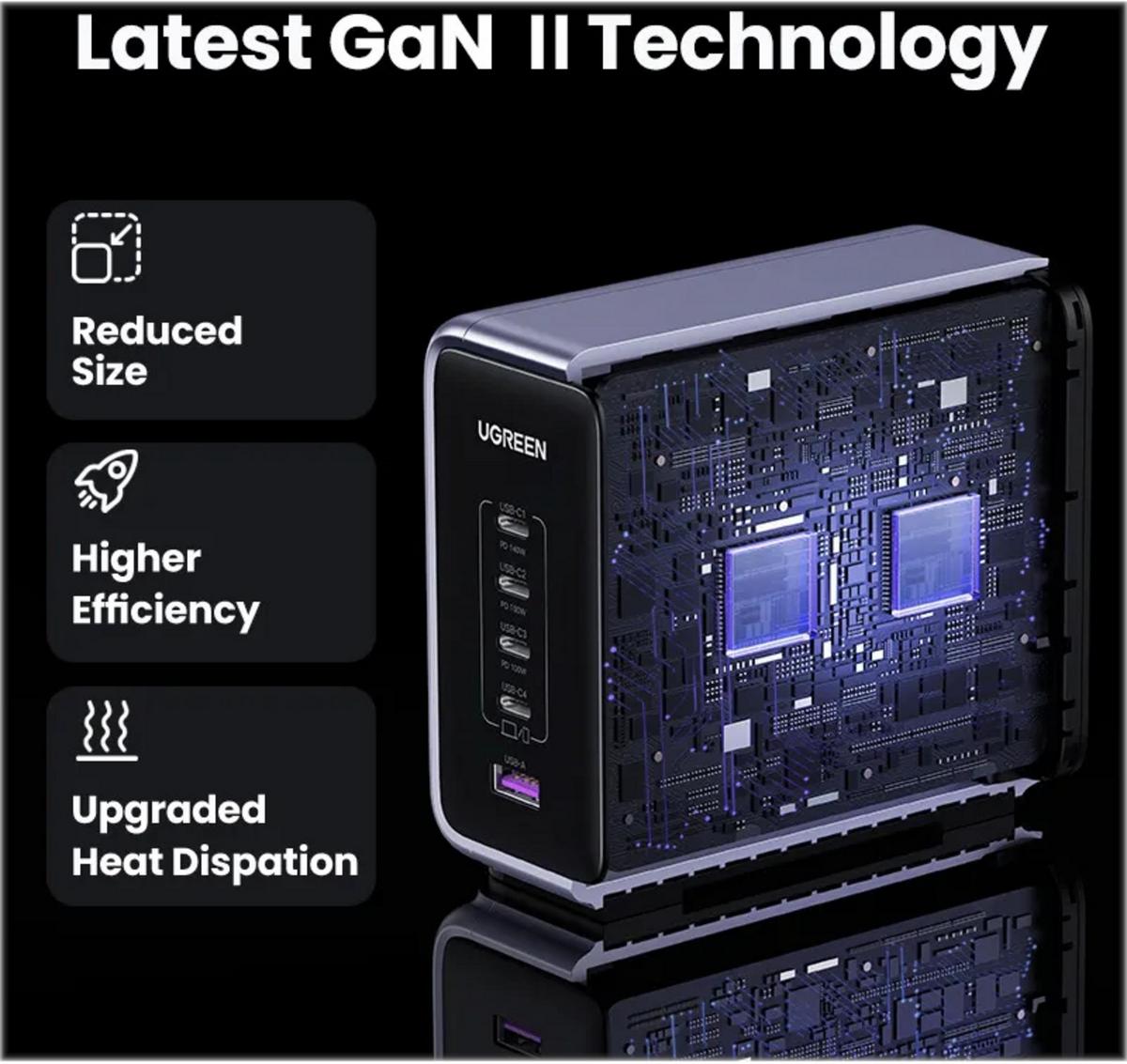 UGREEN 90903B Nexode 300W GaN 5 Portlu 4xUSB-C 1xUSB-A Hızlı Şarj İstasyonu Gri - görsel 3