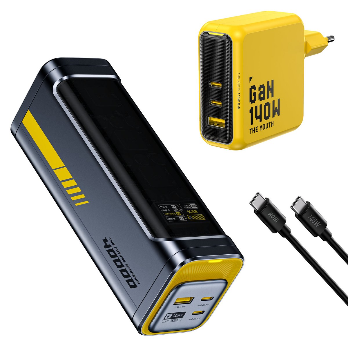 AOHI 140 W Youth 3 Portlu GaN Şarj Adaptörü 40000 mAh Powerbank Siyah