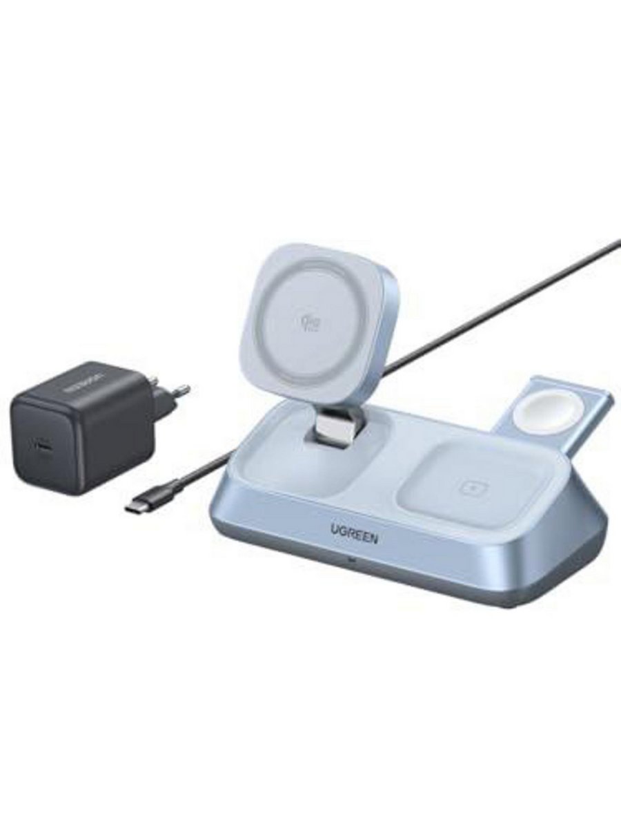 UGREEN 55677 MagFlow 3'ü 1 Arada Qi2 25W MagSafe Manyetik Kablosuz Şarj Standı Gri
